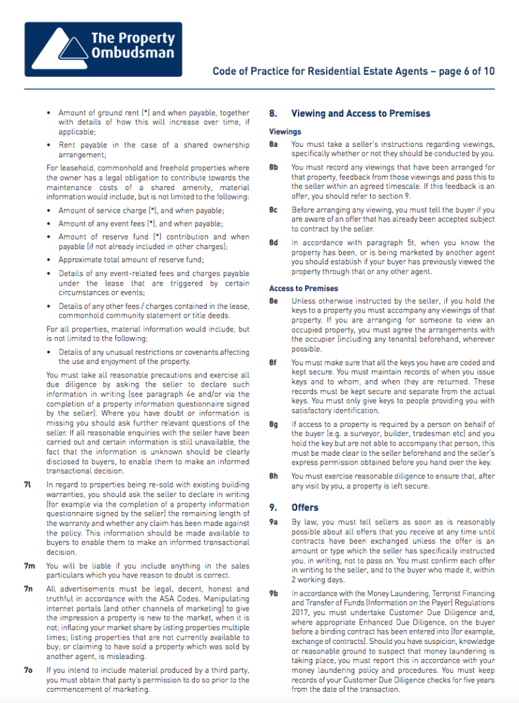 Page taken from the Code of Practice for Residential Estate Agents 